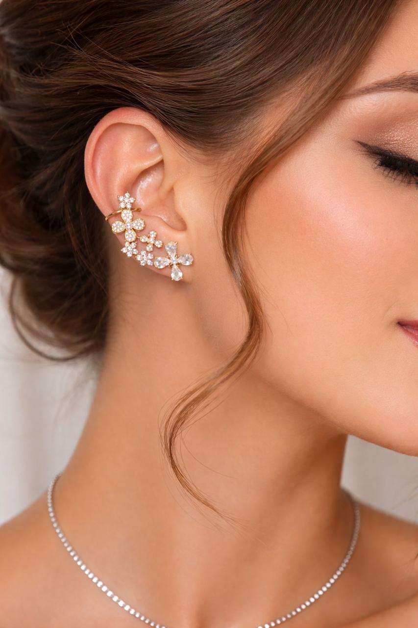 Brinco Ear Cuff Floral Cravejado
