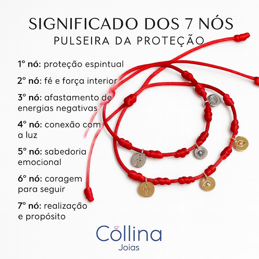 Pulseira 7 nós vermelha, com medalha em prata 925 - Tam. ajustável